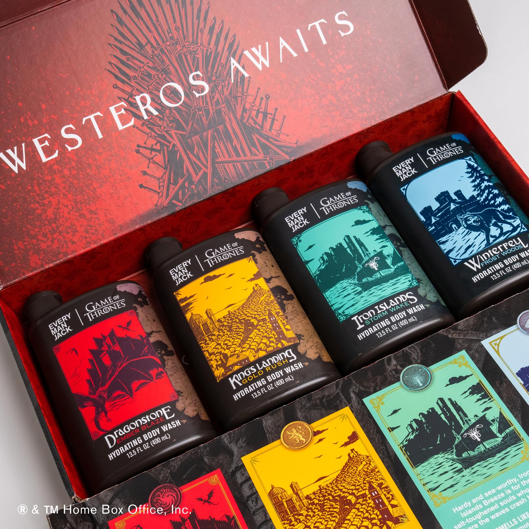Every Man Jack Game of Thrones Gold bottle evokes warm, premium wash for daily freshness.