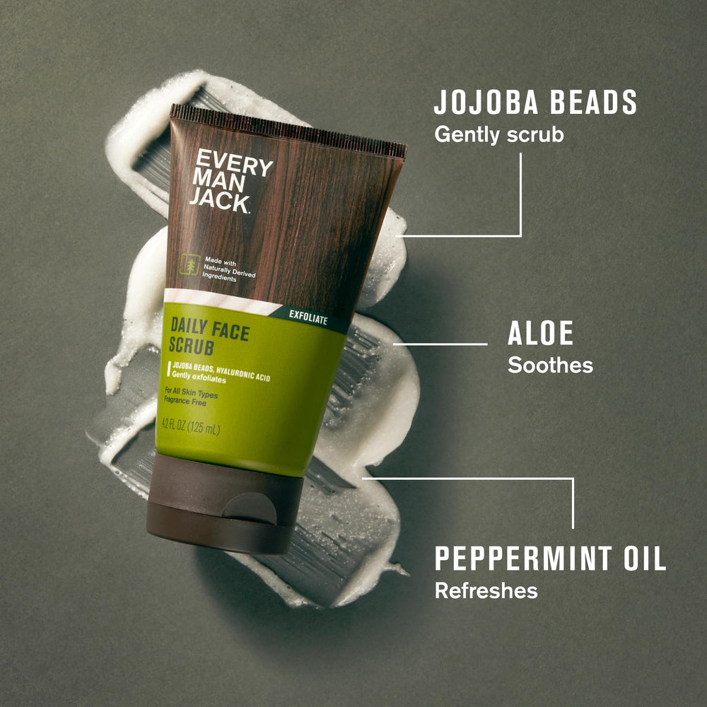 Every Man Jack Gentle Exfoliating Scrub jar closeup showing jojoba beads for gentle buffing