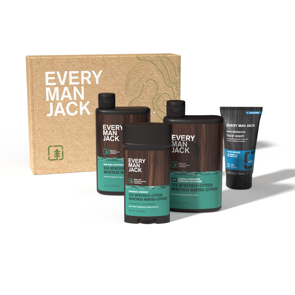 Every Man Jack gift-ready box interior view showing complete routine kit.