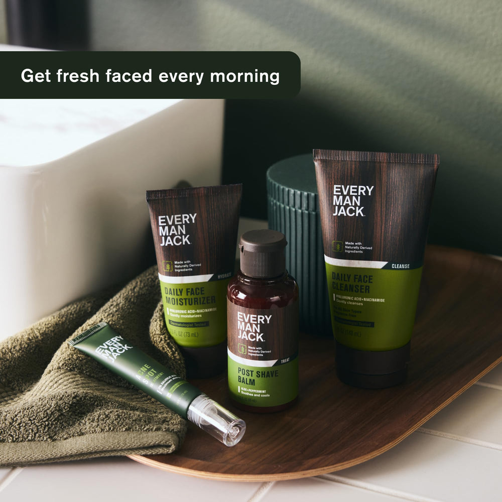 Every Man Jack fragrance-free label indicating skin-friendly daily cleanse for sensitive skin.