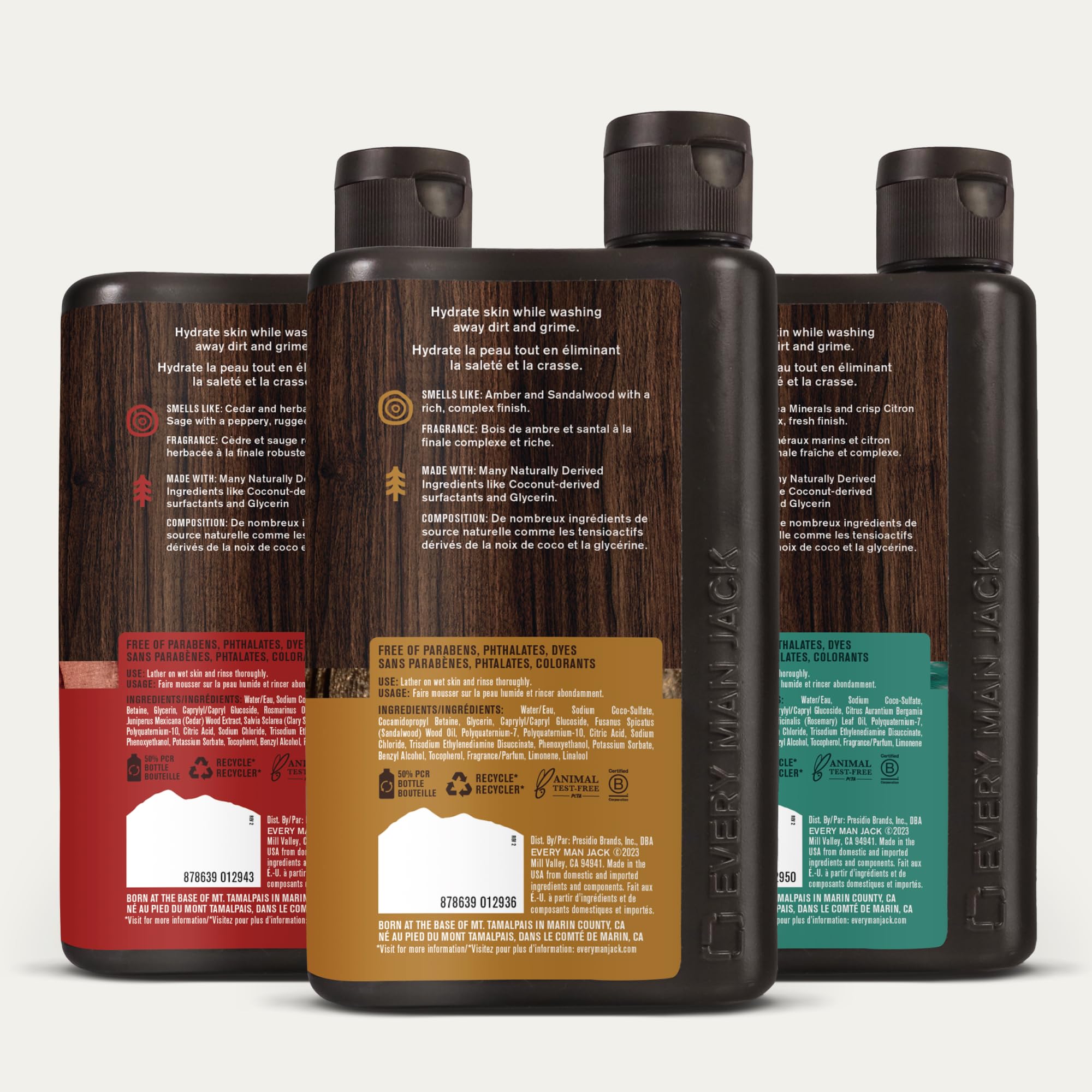 Every Man Jack matte-pack bottles arranged for everyday grooming