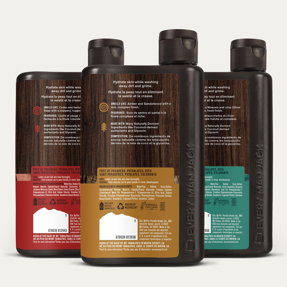 Every Man Jack matte-pack bottles arranged for everyday grooming
