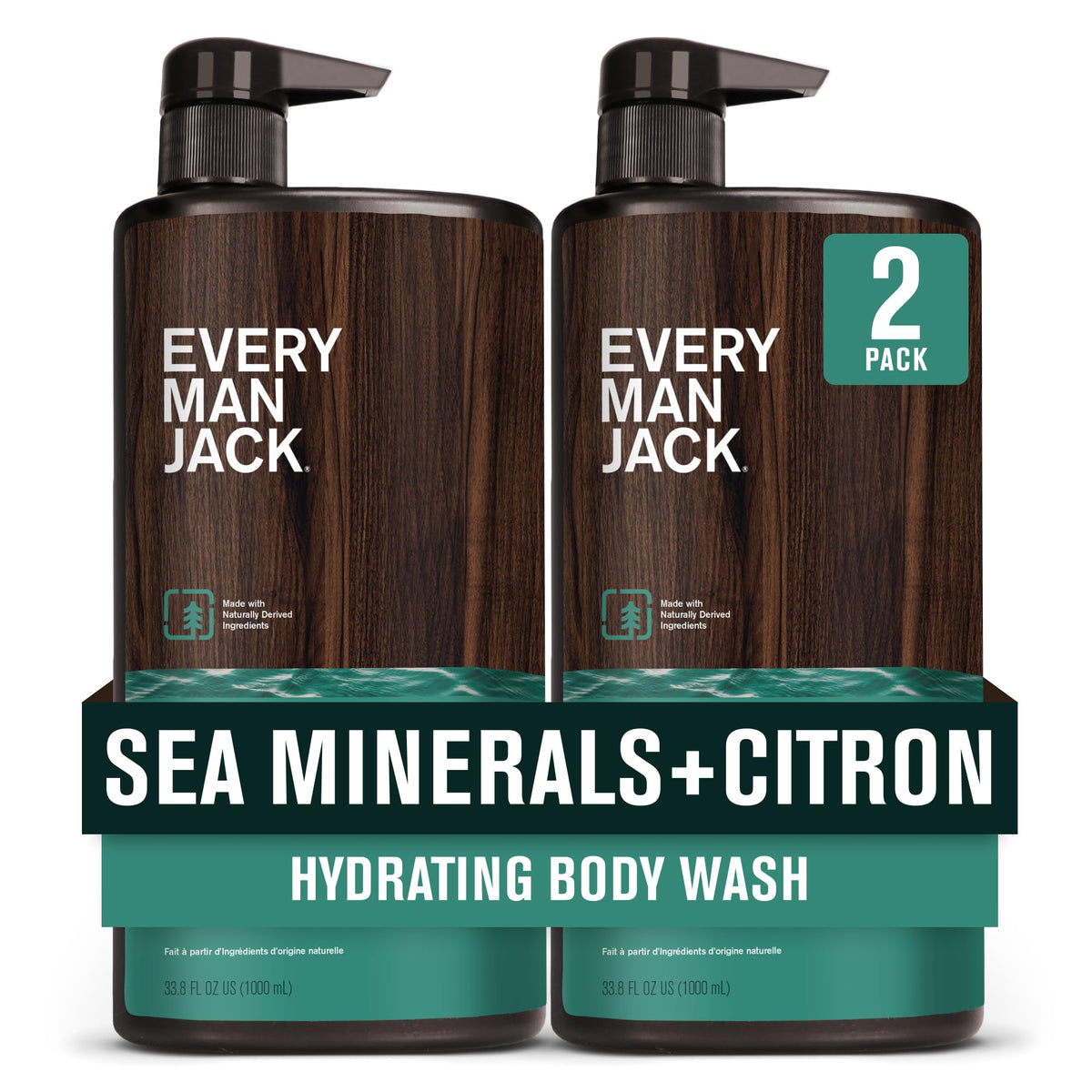 Every Man Jack men’s hydrating body wash bottle front shows clean design for daily hydration.