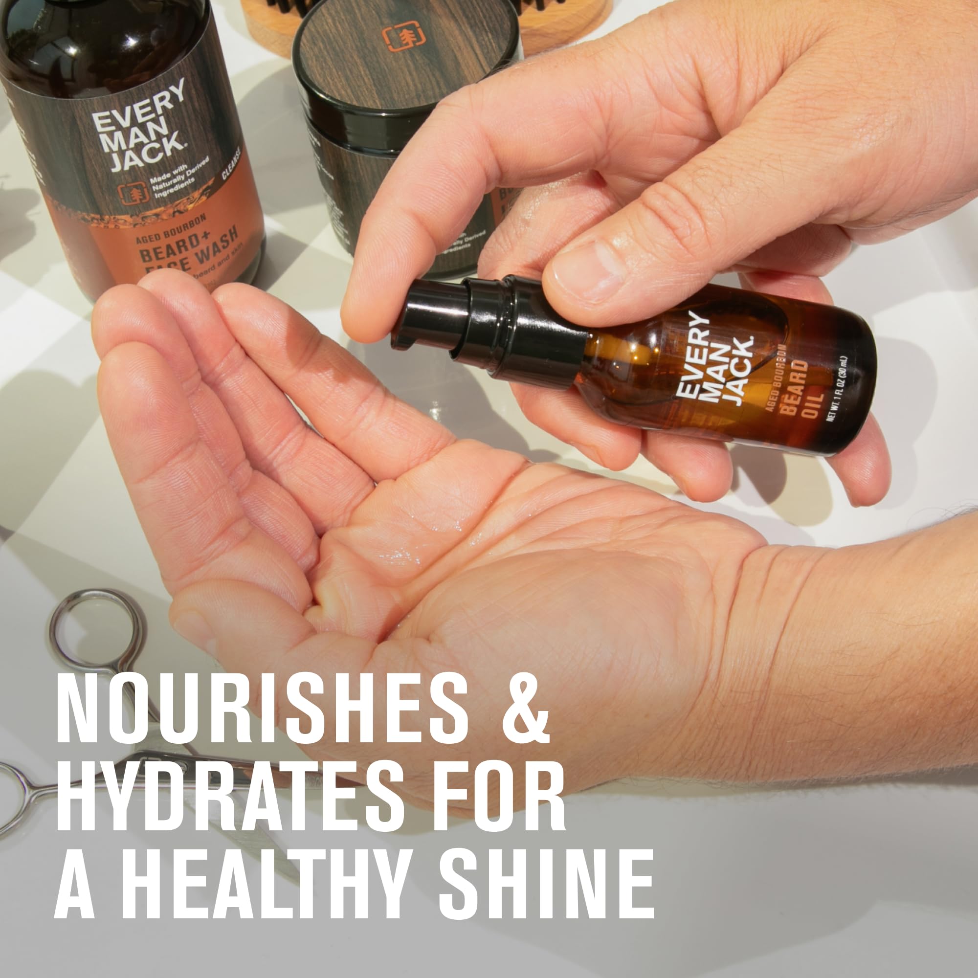Every Man Jack beard oil with natural Vitamin E, Argan, and Borage moisturizes for healthy shine.