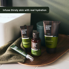 Every Man Jack ingredients graphic highlights niacinamide and hyaluronic acid for skin support.