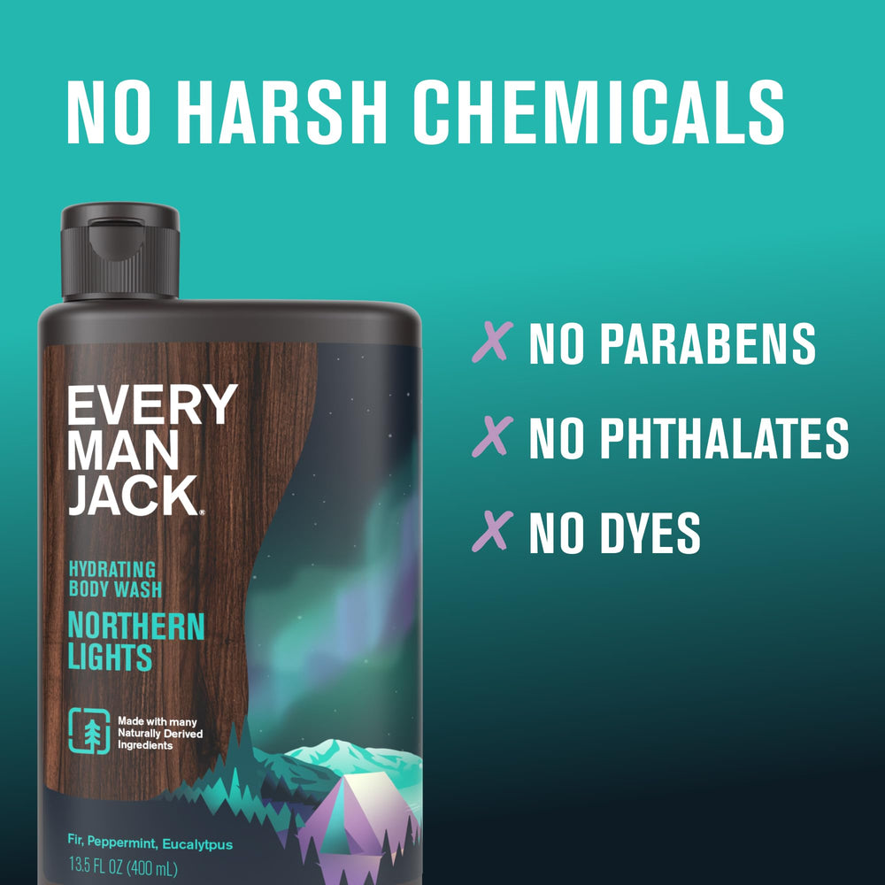 Every Man Jack Northern Lights label with pine and mint imagery.