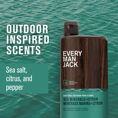 Close-up on Every Man Jack formula hints at coconut-derived surfactants and glycerin for hydrating cleanse.