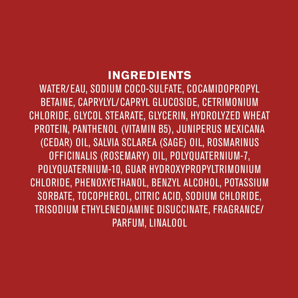 Every Man Jack bottle label close-up, highlights naturally derived ingredients for clean hair.