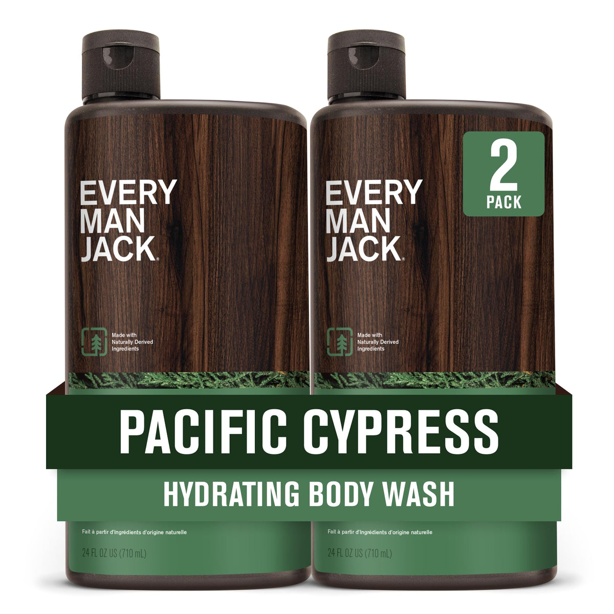 Every Man Jack Pacific Cypress body wash bottle front for daily hydration and fresh scent.