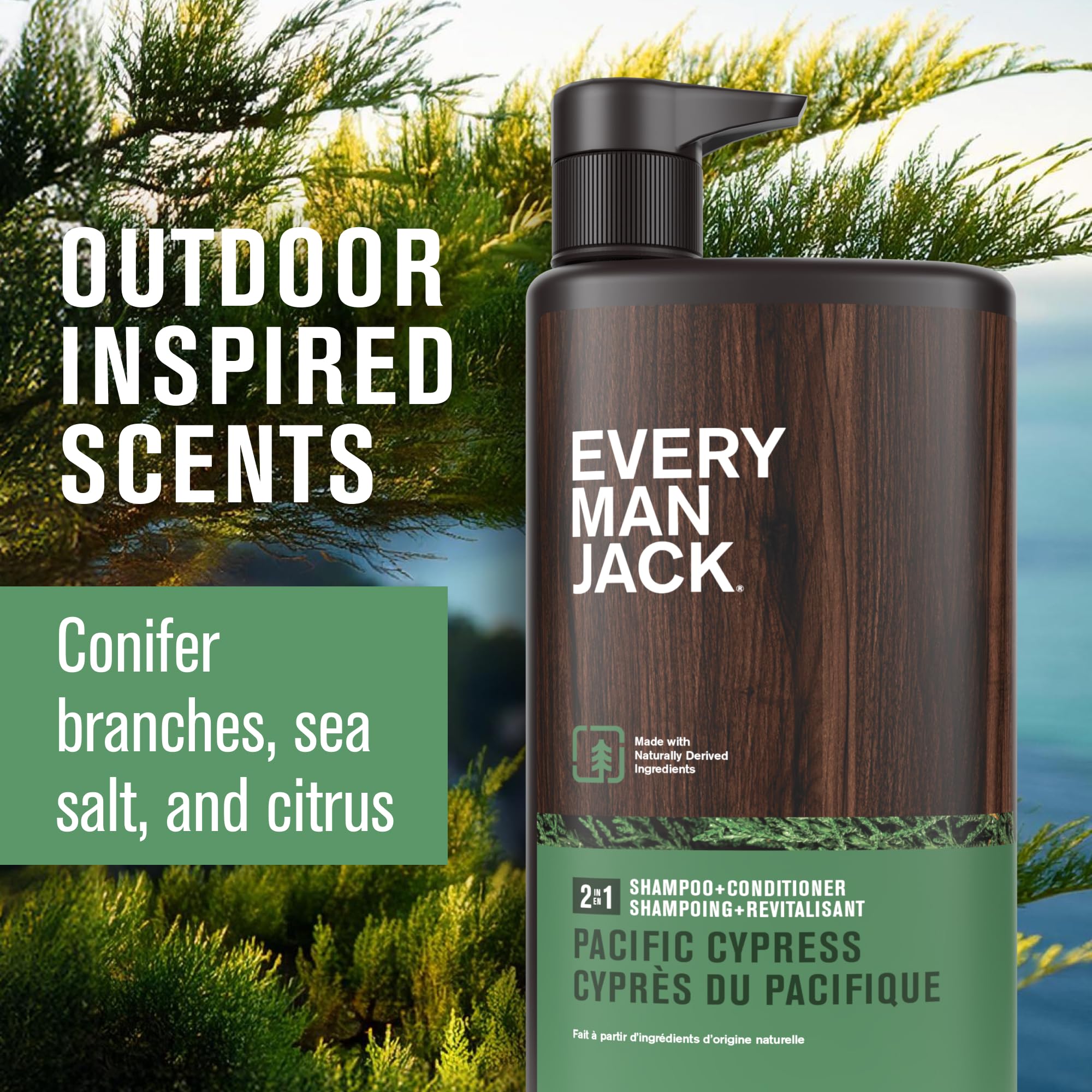 Every Man Jack Pacific Cypress label closeup highlights natural ingredients.