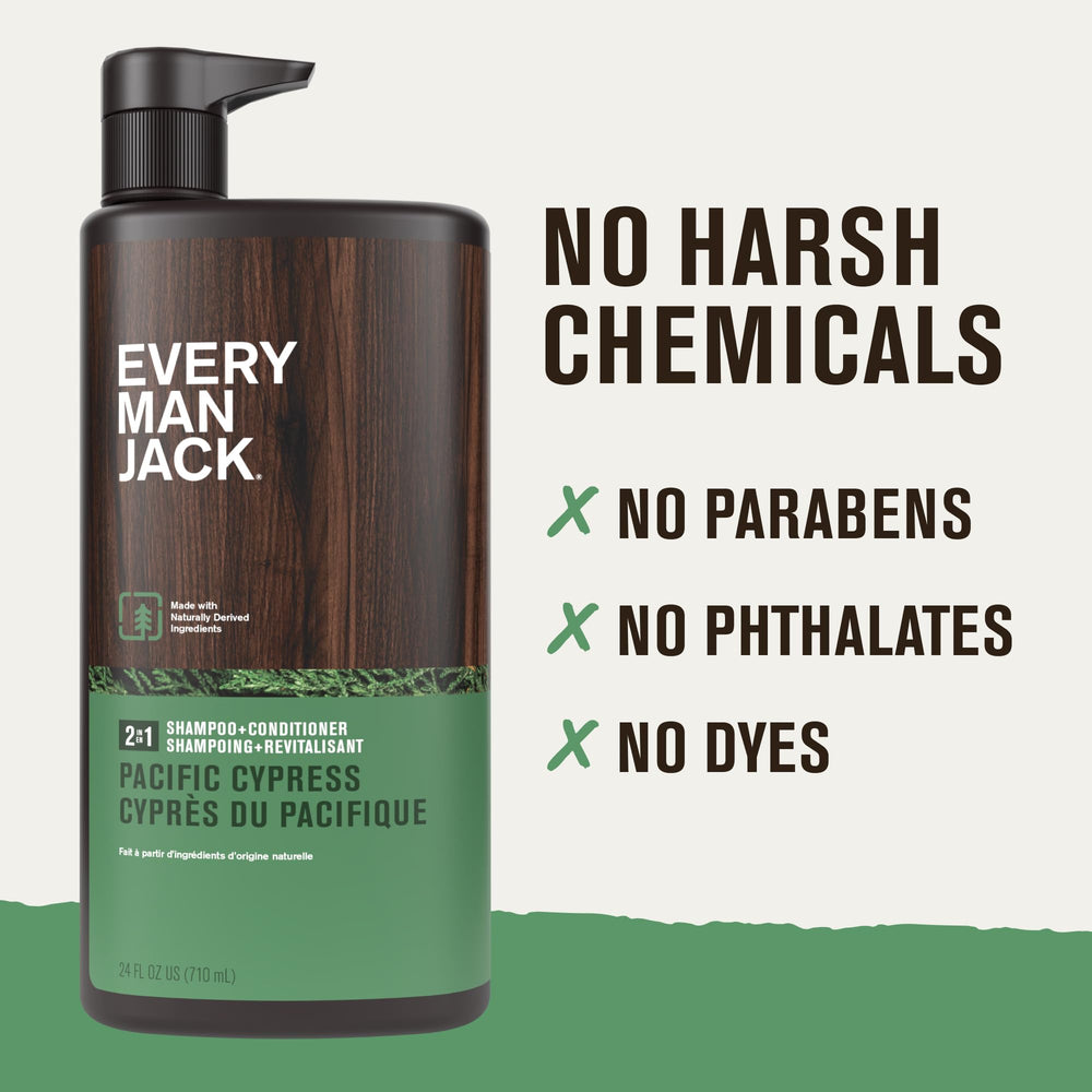 Every Man Jack Pacific Cypress shampoo foam signals gentle cleansing.