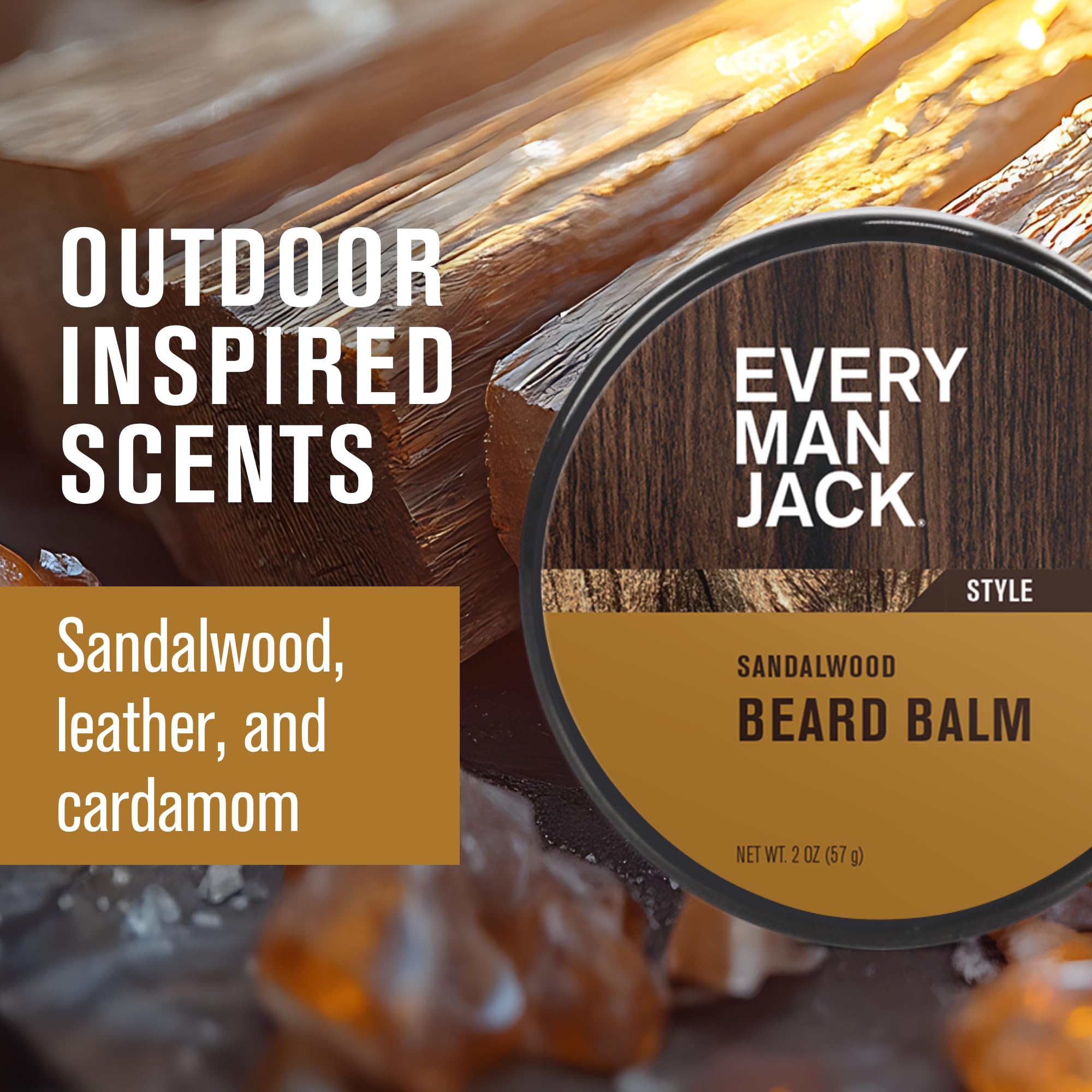 Every Man Jack sandalwood beard balm being applied for smooth shaping and moisture