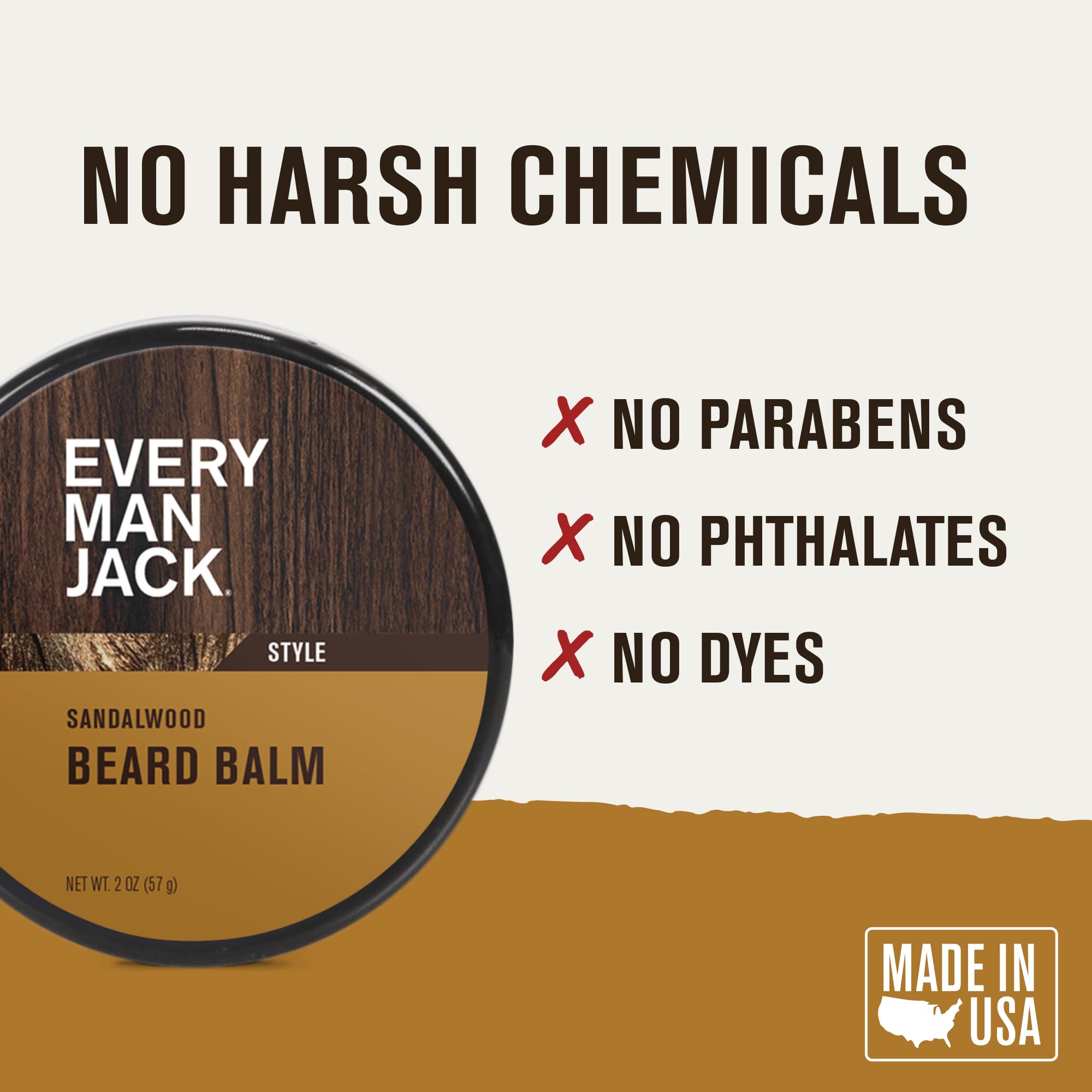 Every Man Jack sandalwood beard balm with shea butter label emphasizes deep hydration