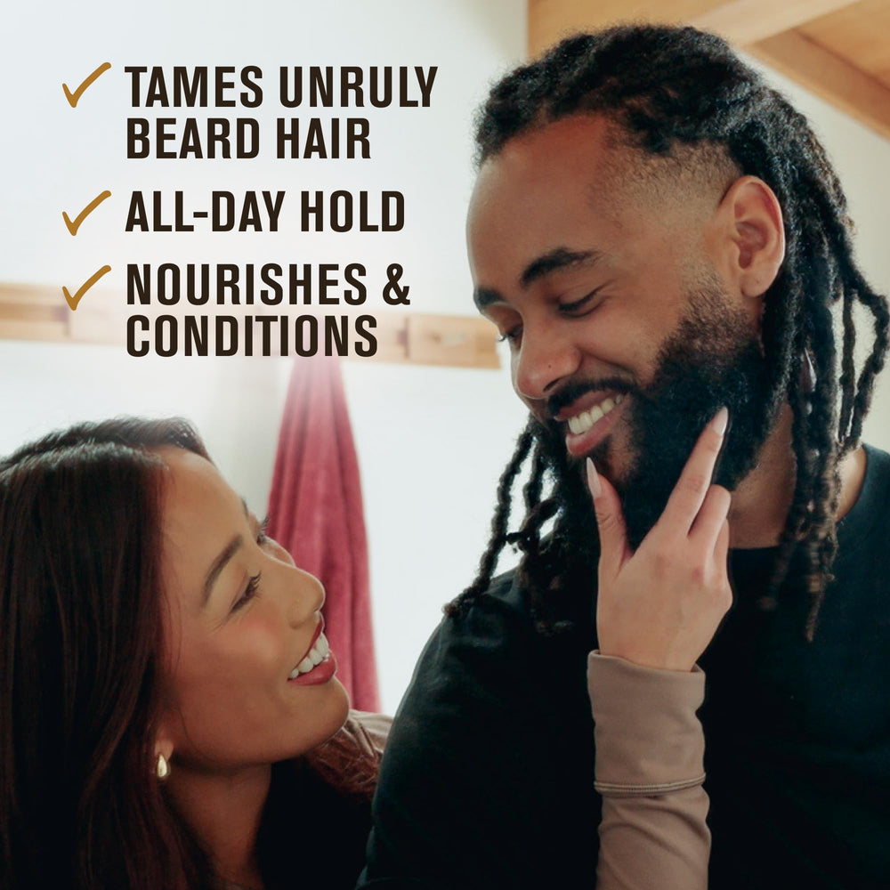 Every Man Jack sandalwood beard balm texture close-up highlights creamy consistency for styling