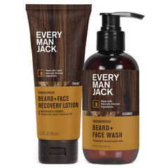 Every Man Jack sandalwood beard-face wash bottle promises gentle beard and skin cleansing.