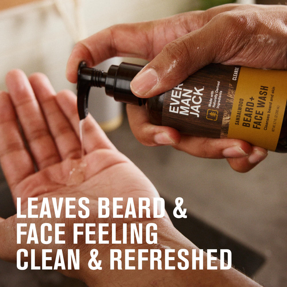 Every Man Jack sandalwood beard wash 2-pack box highlights value
