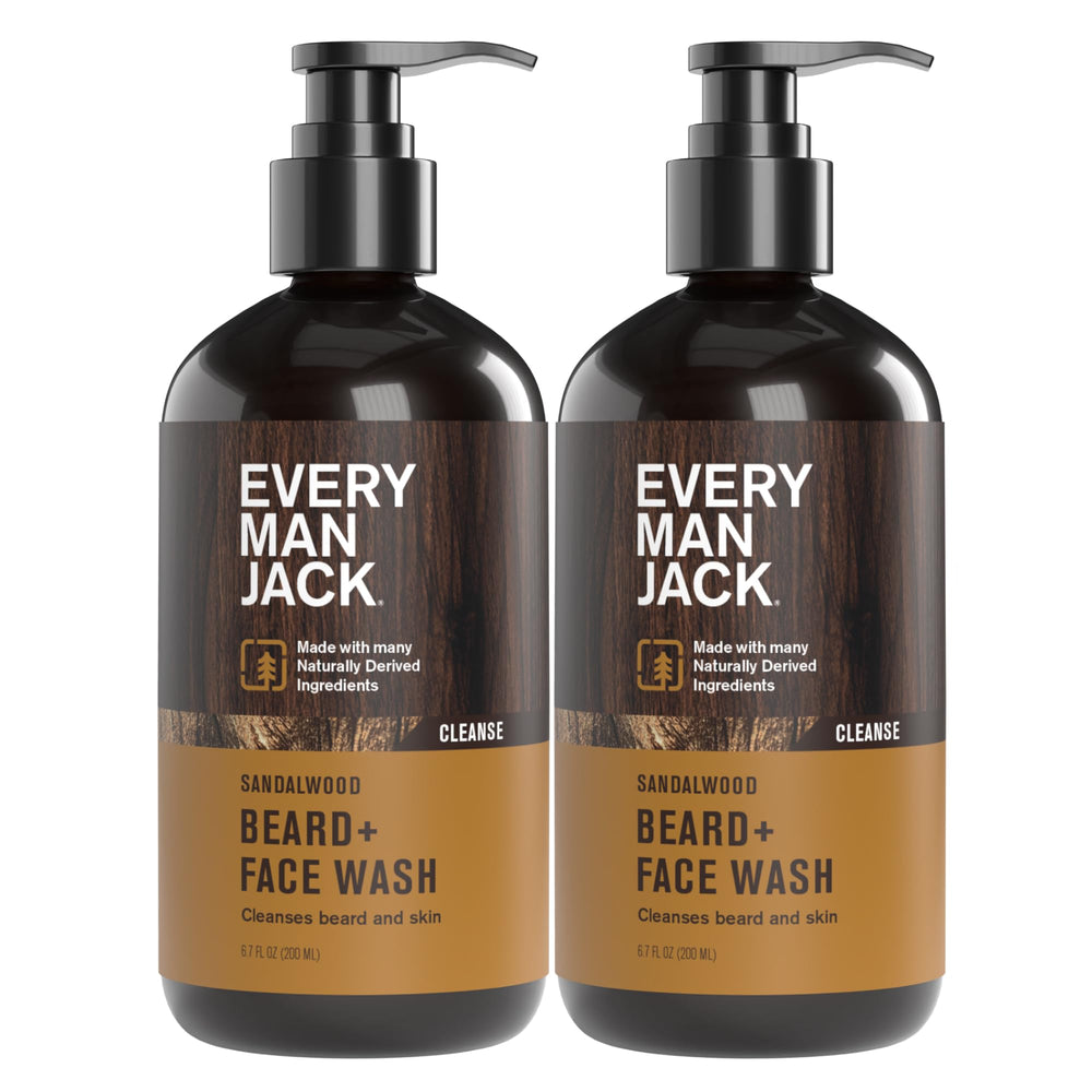 Every Man Jack sandalwood beard wash bottle pour for easy daily cleansing