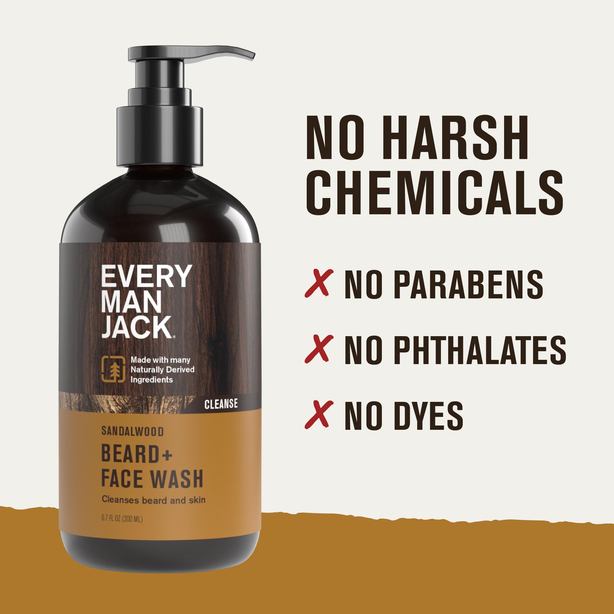 Every Man Jack sandalwood beard wash daily-use shot emphasizes routine care
