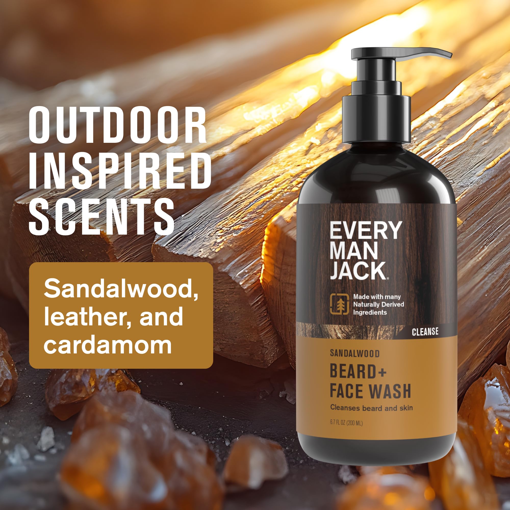 Every Man Jack sandalwood beard wash label closeup with natural ingredients
