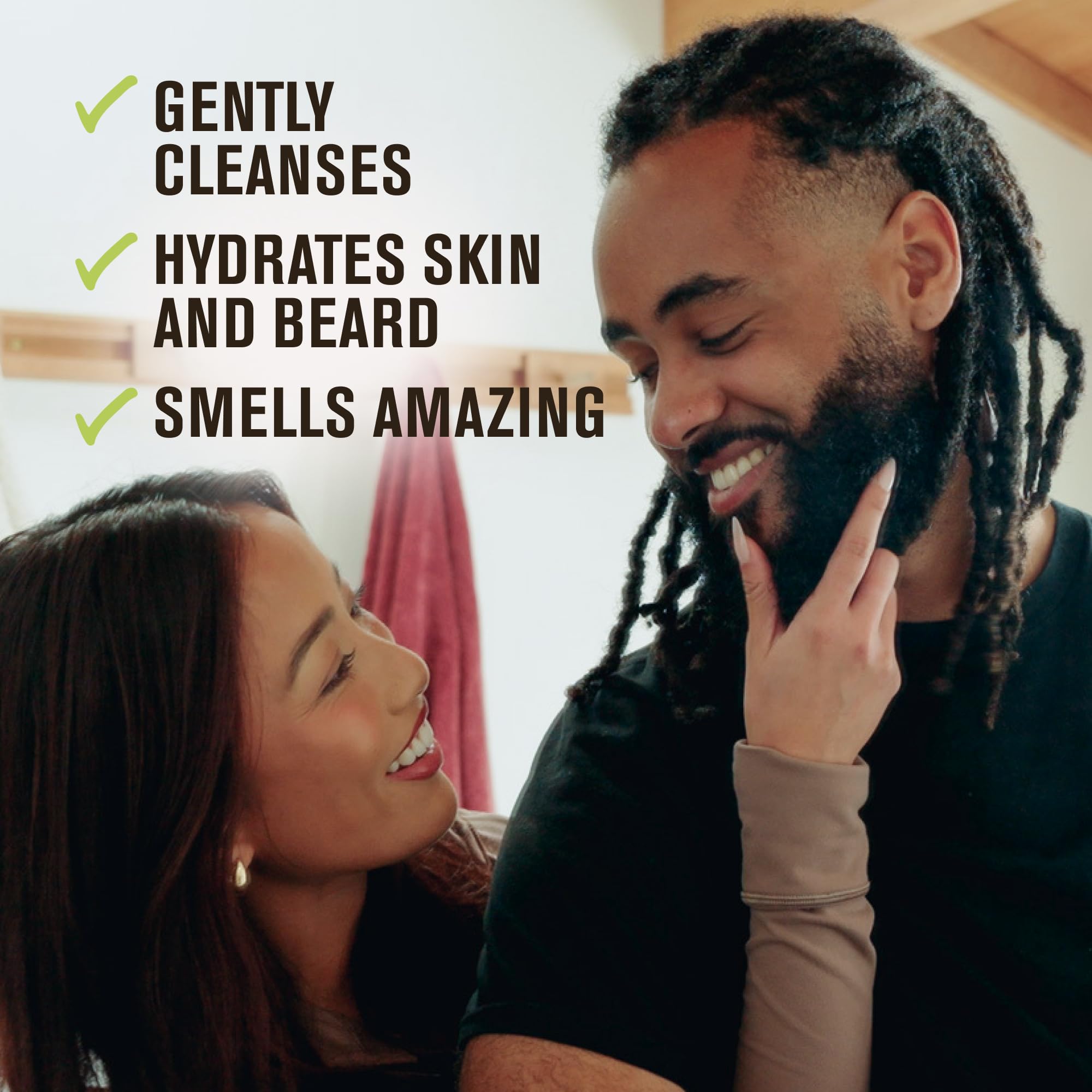 Every Man Jack sandalwood beard wash on countertop for simple grooming