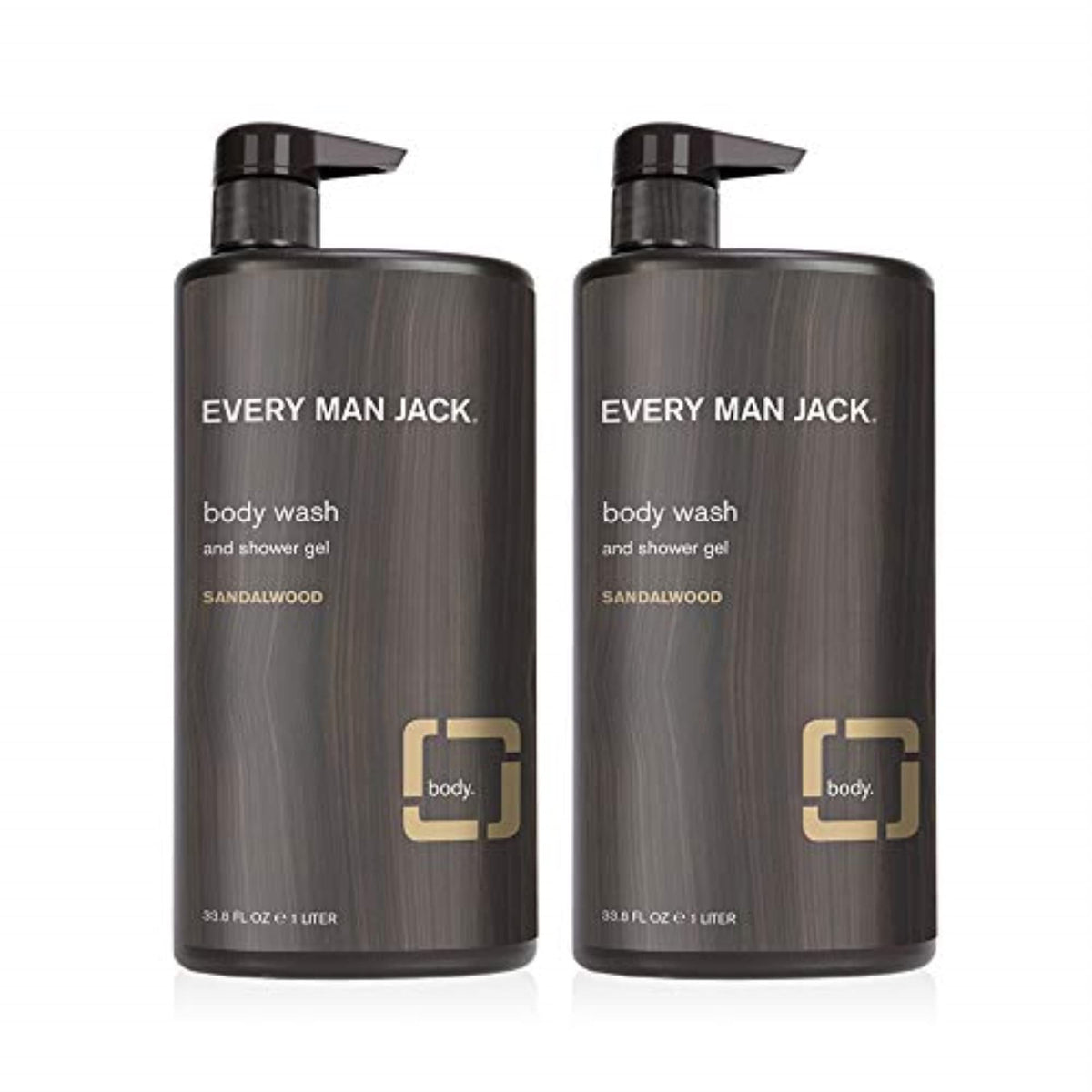 Every Man Jack Sandalwood Body Wash bottle pour showcasing a refreshing cleanse for all skin types