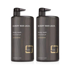 Every Man Jack Sandalwood Body Wash bottle pour showcasing a refreshing cleanse for all skin types