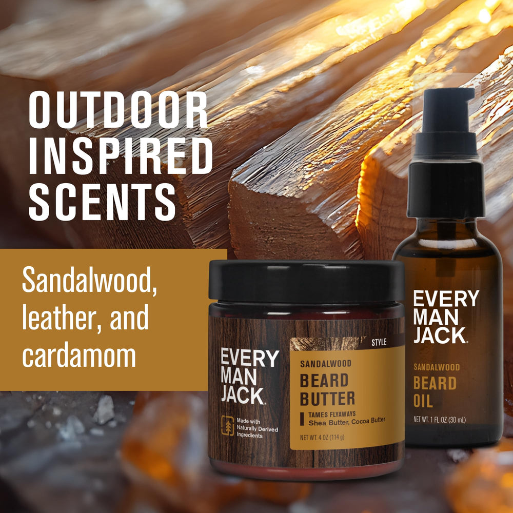 Every Man Jack sandalwood fragrance bottle for a masculine scent during grooming.