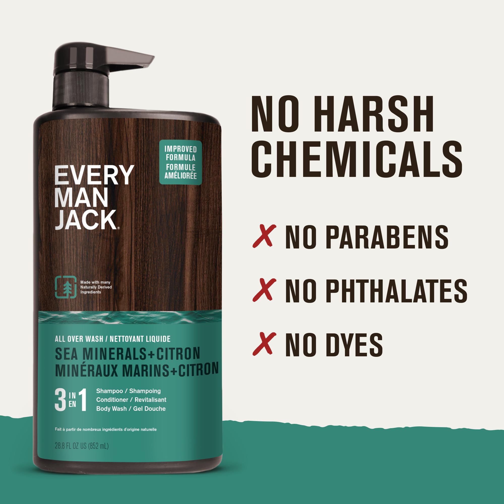 Every Man Jack Sea Minerals Citron 3-in-1 ingredient panel emphasizes coconut-derived surfactants