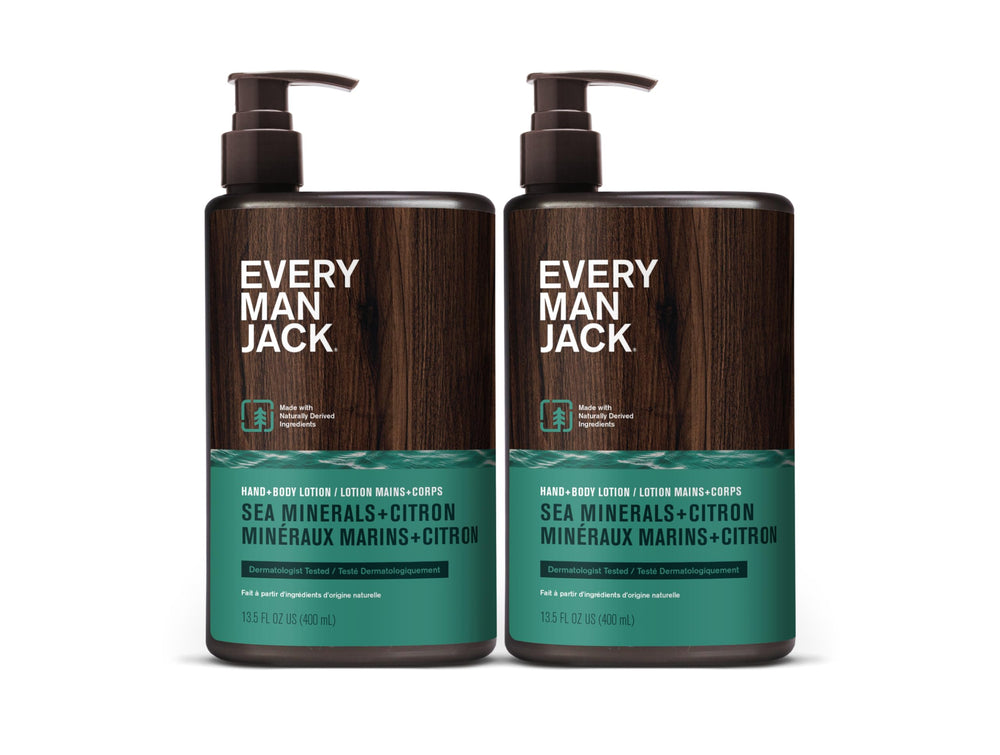 Every Man Jack sea minerals citron lotion ingredient panel highlights Aloe Vera, Coconut Oil, Cocoa Butter.