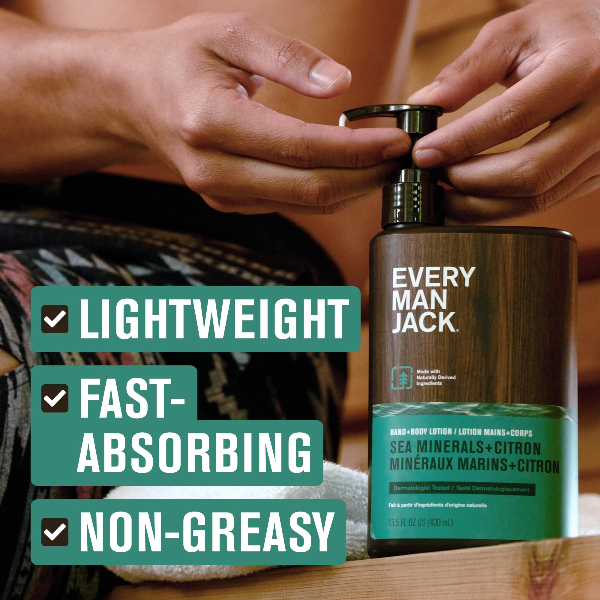 Every Man Jack sea minerals citron lotion close-up label emphasizes outdoor scent cue.