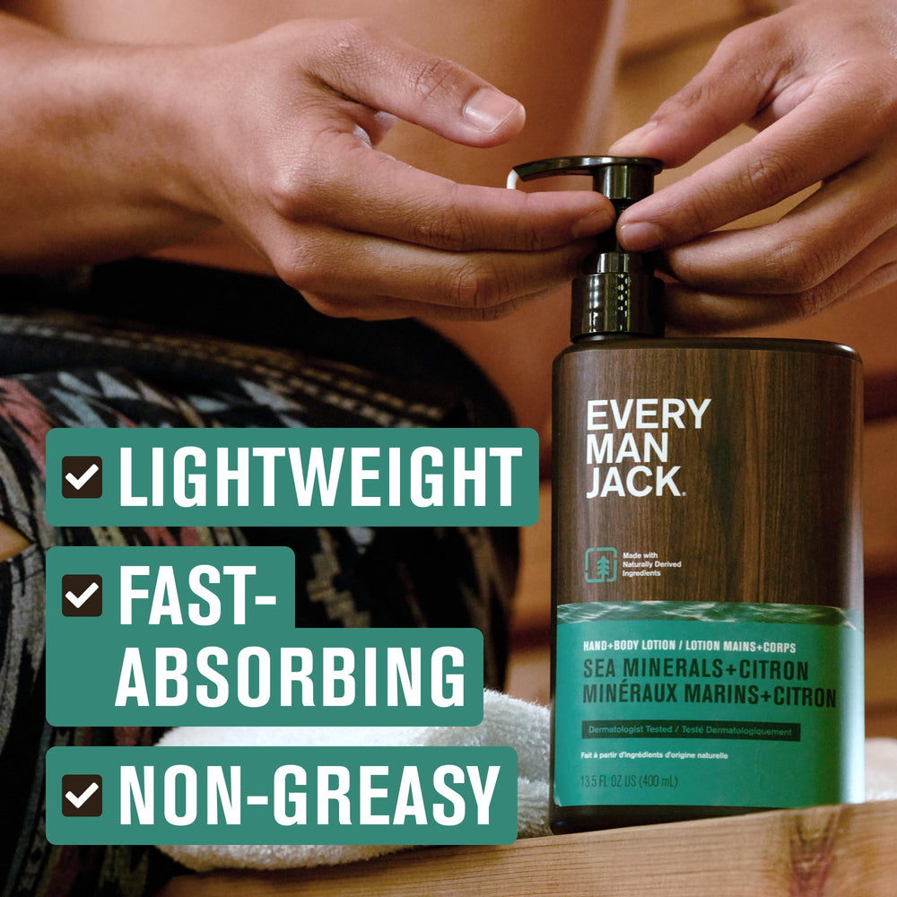 Every Man Jack sea minerals citron lotion close-up label emphasizes outdoor scent cue.