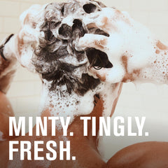Every Man Jack shampoo foamy lather closeup showcases minty tingle and refreshing cleanse