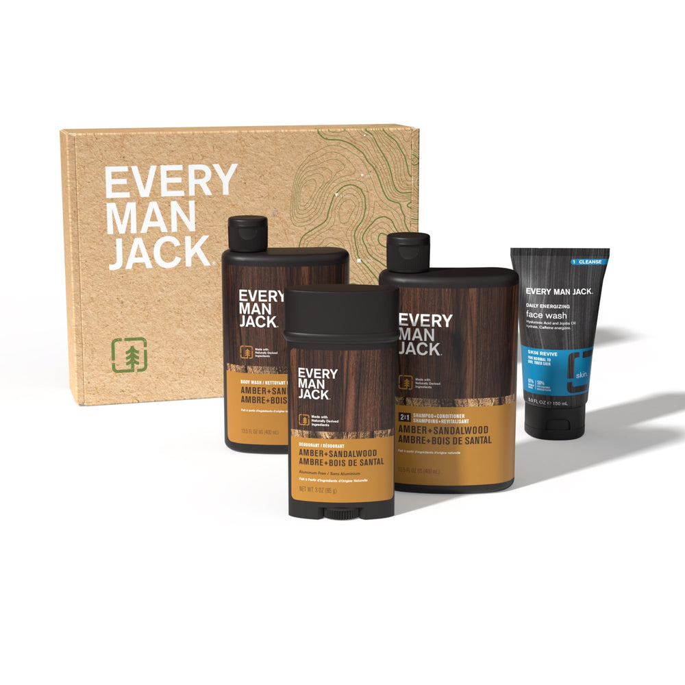 Skin care routine with Every Man Jack set for head-to-toe care and scent