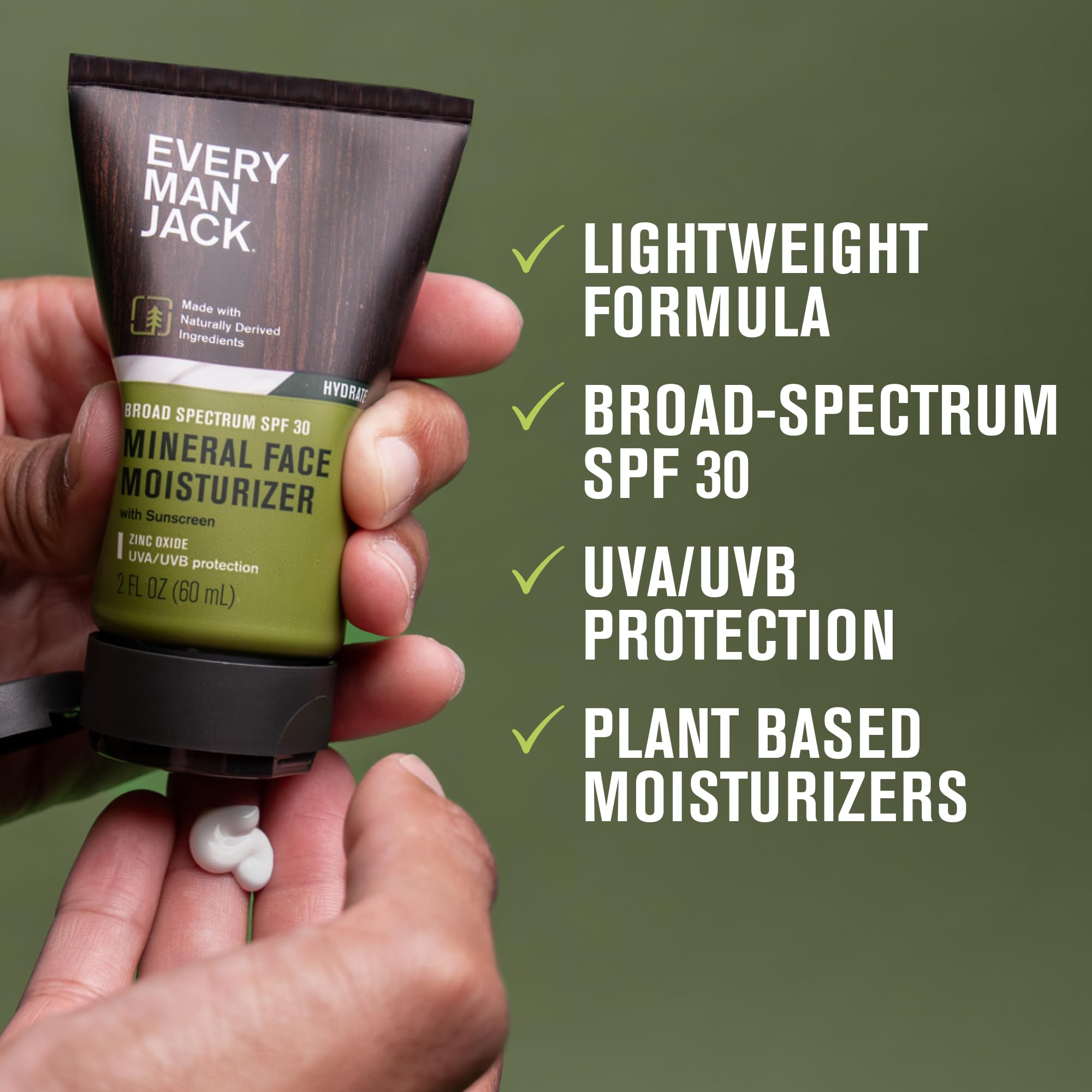 Every Man Jack SPF30 mineral sunscreen application shows quick-absorbing hydration.