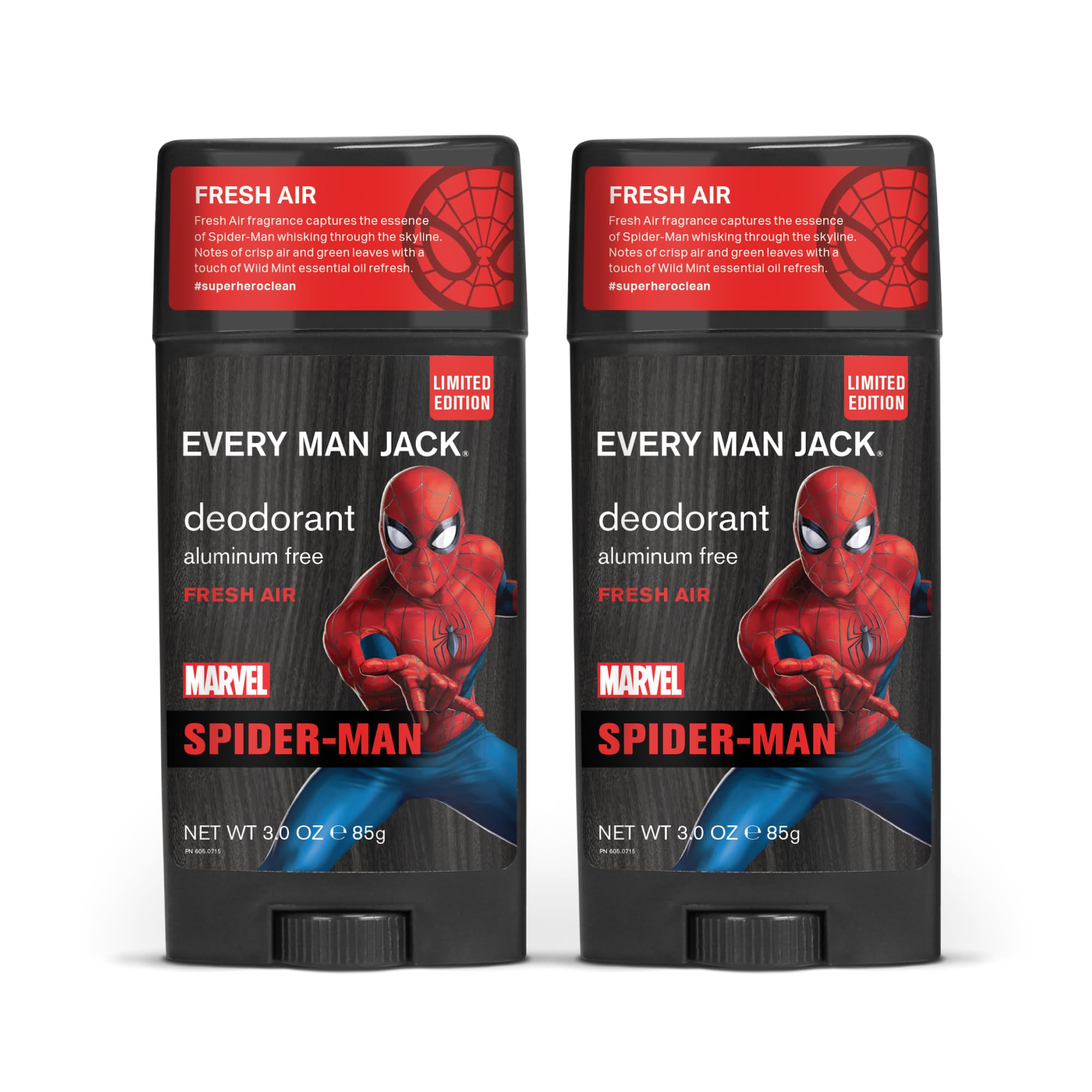 Every Man Jack Spider-Man twin-pack packaging shows long-lasting freshness.