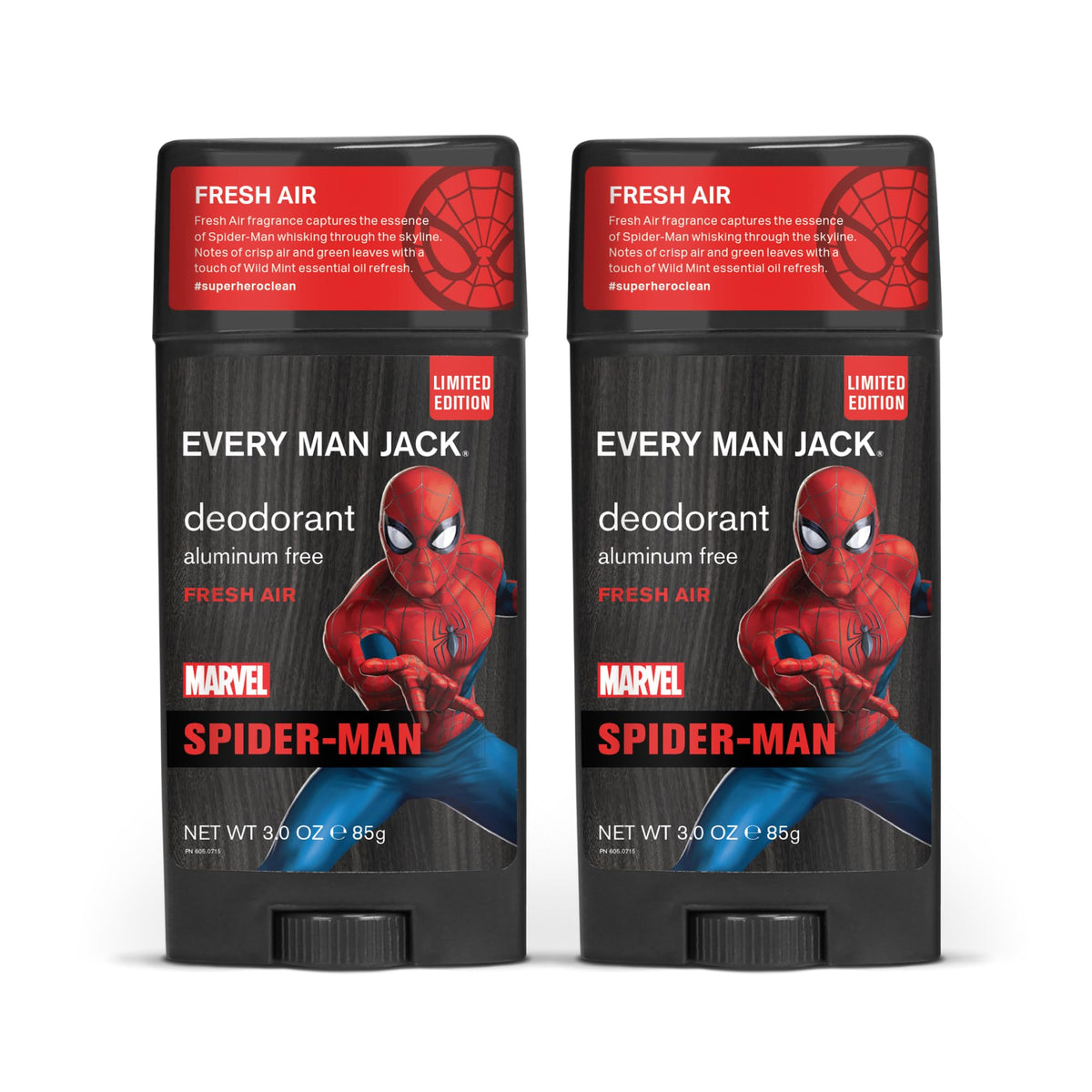Every Man Jack Spider-Man twin-pack packaging shows long-lasting freshness.