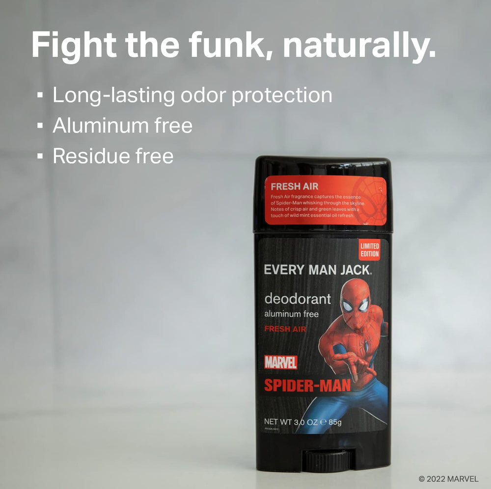 Every Man Jack Spider-Man deodorant twist-dial application shown for easy use.