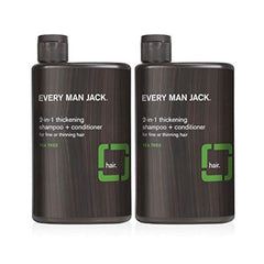 Every Man Jack two-in-one thickening shampoo bottle demonstrates easy daily cleansing and hair fullness potential.