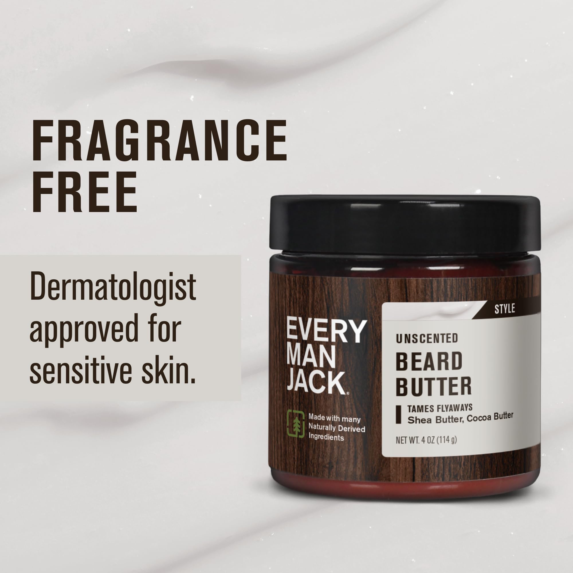Every Man Jack unscented beard butter close-up highlights nourishing shea and coconut oil