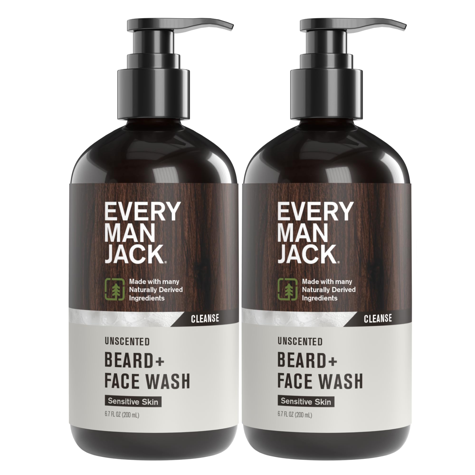 Every Man Jack Unscented Beard + Face Wash bottle-front for fragrance-free beard cleansing