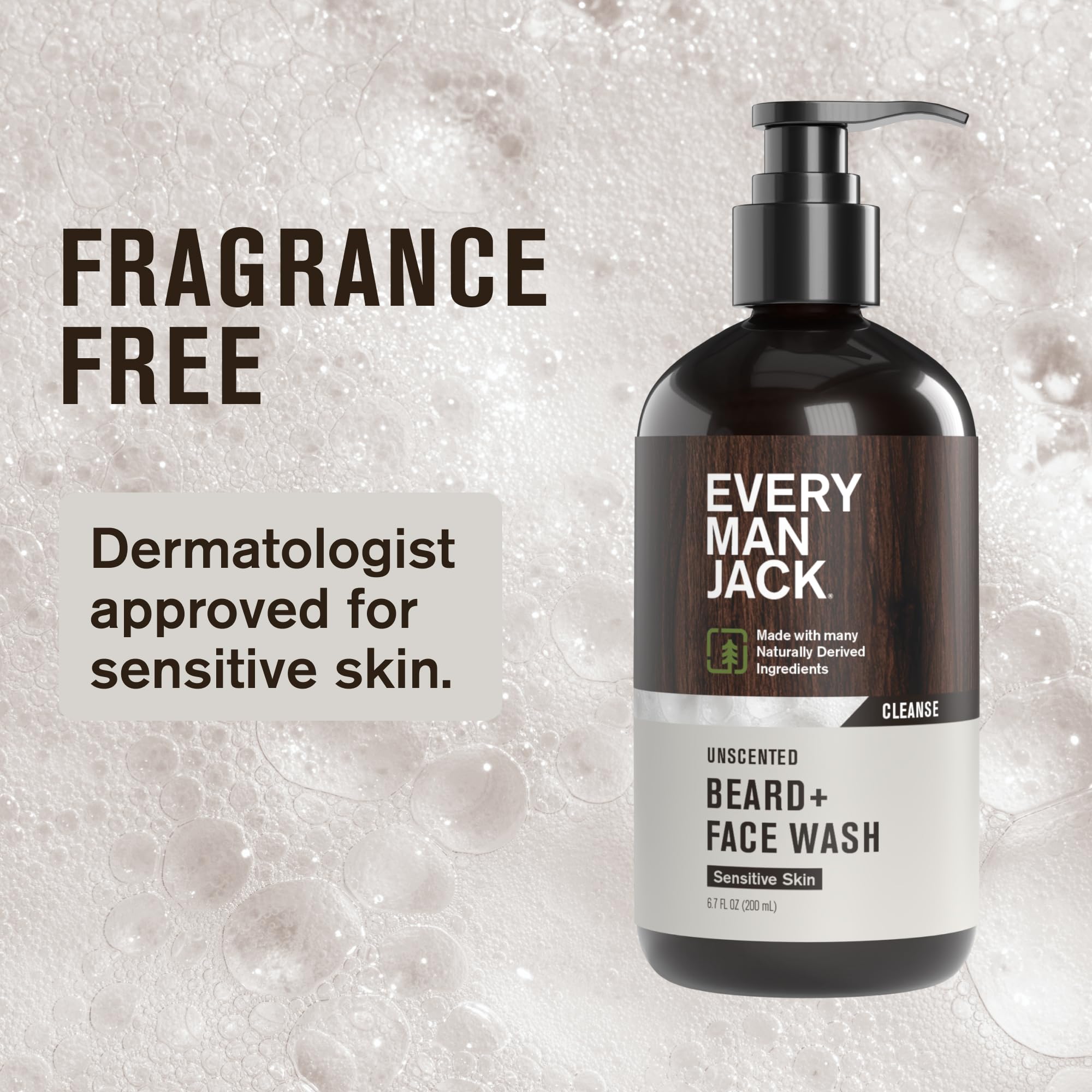 Every Man Jack Unscented Beard + Face Wash label close-up dermatologist-tested