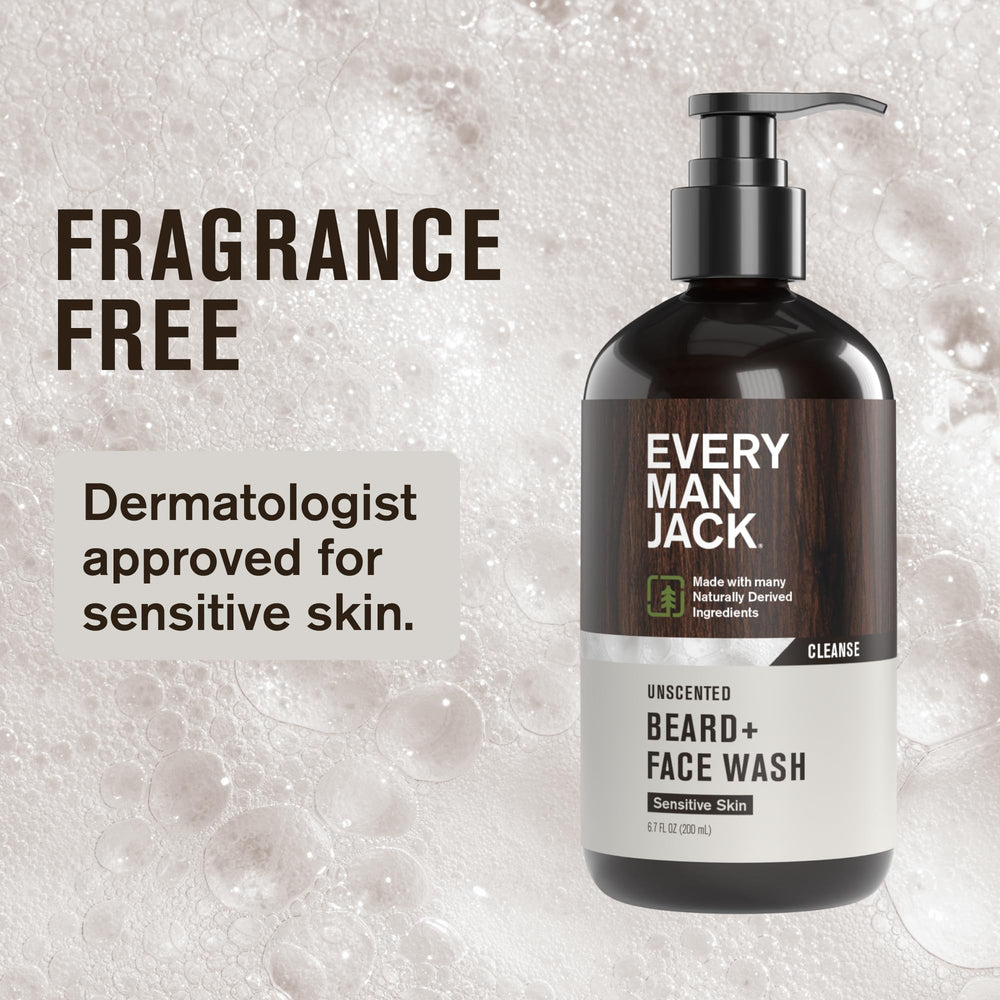 Every Man Jack Unscented Beard + Face Wash label close-up dermatologist-tested