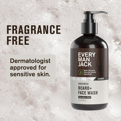 Every Man Jack Unscented Beard + Face Wash label close-up dermatologist-tested