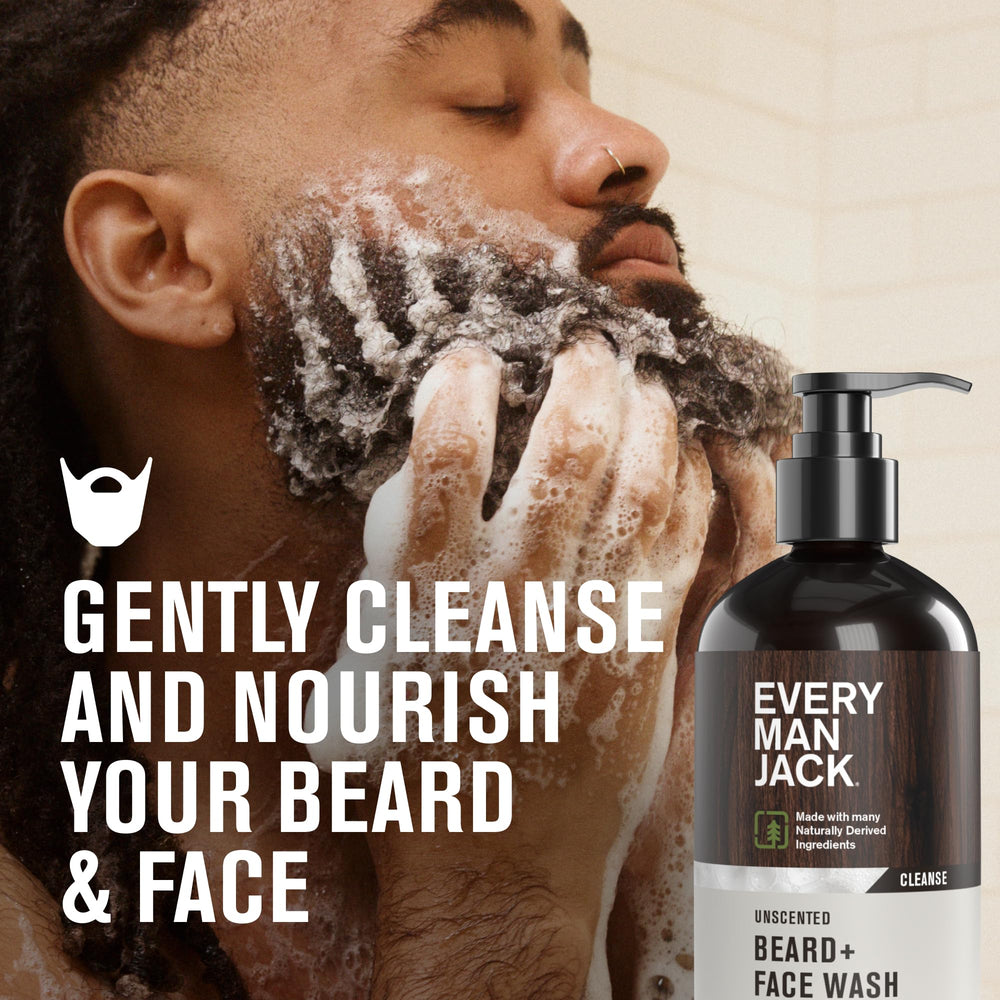 Every Man Jack Unscented Beard + Face Wash two-pack bottles for convenient daily care