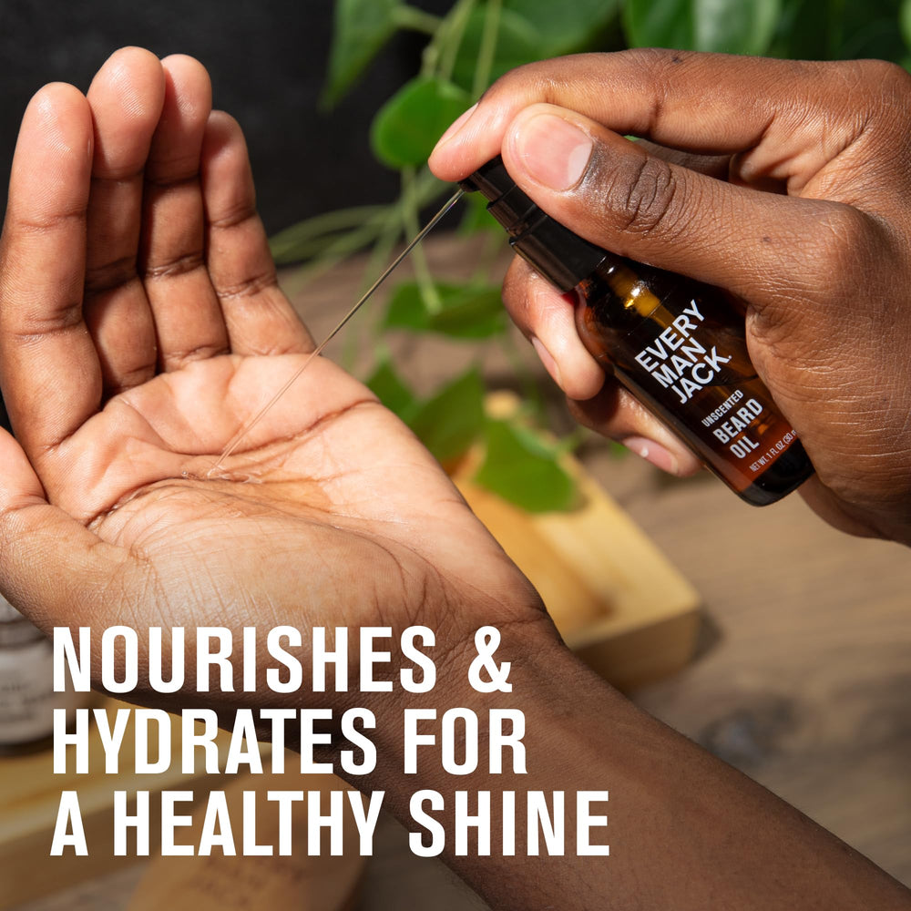 Application on beard demonstrates easy grooming and subtle shine with unscented oil.
