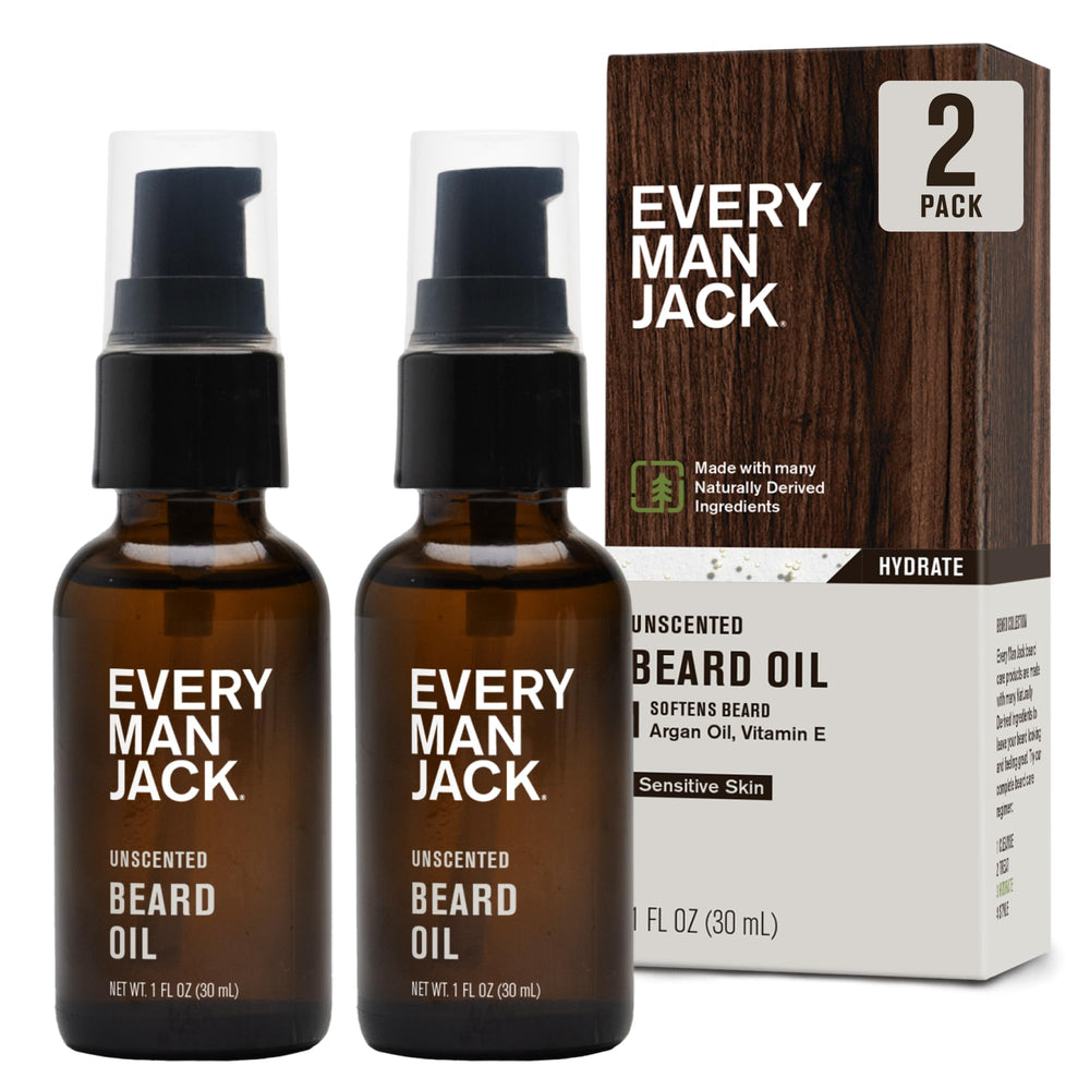Every Man Jack unscented beard oil bottle promotes fragrance-free beard care and softness.