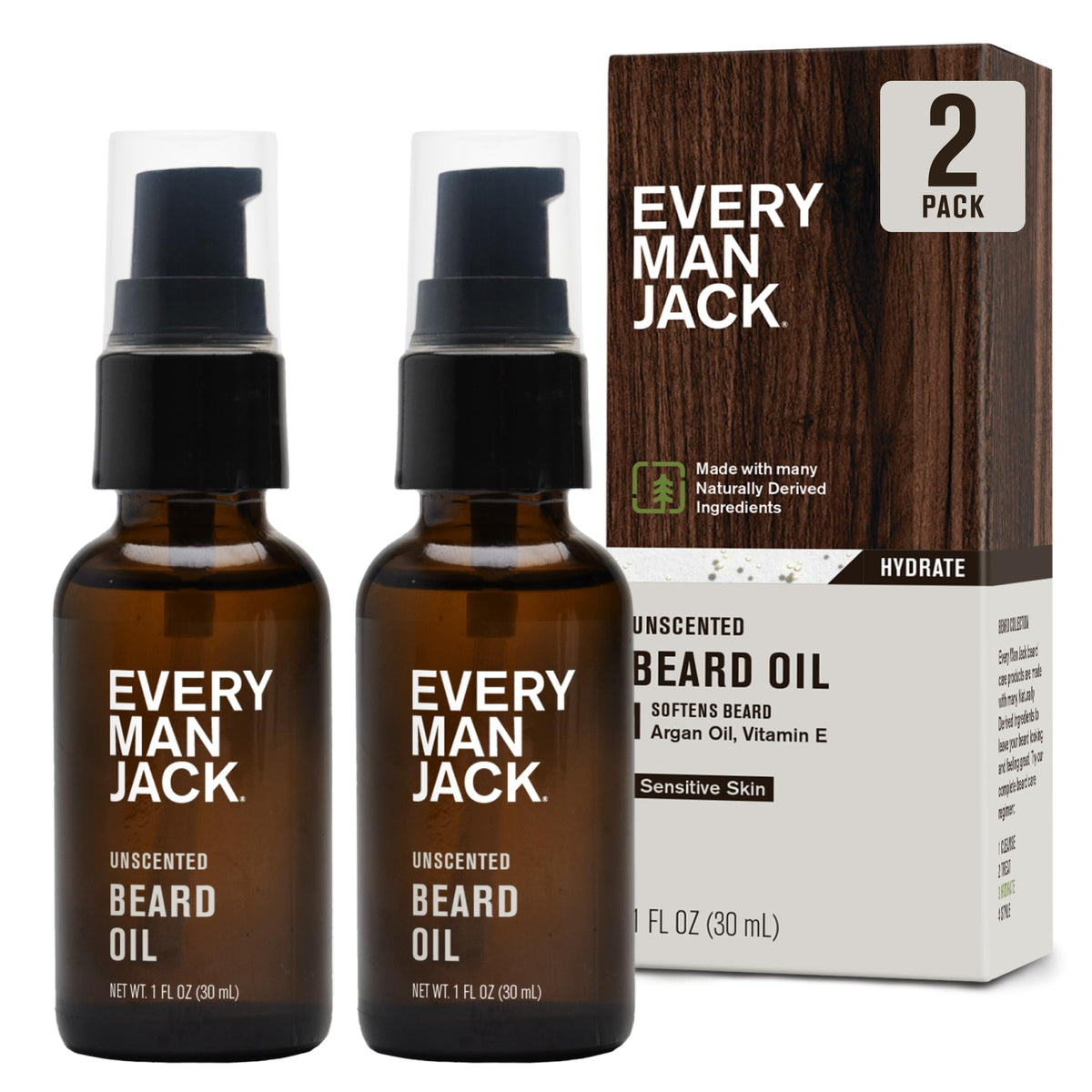 Every Man Jack unscented beard oil bottle promotes fragrance-free beard care and softness.