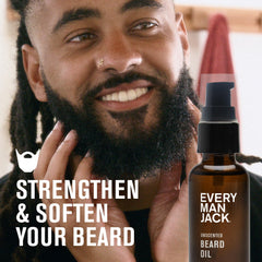 Closeup of Every Man Jack unscented beard oil dropper showing lightweight feel for sensitive skin.