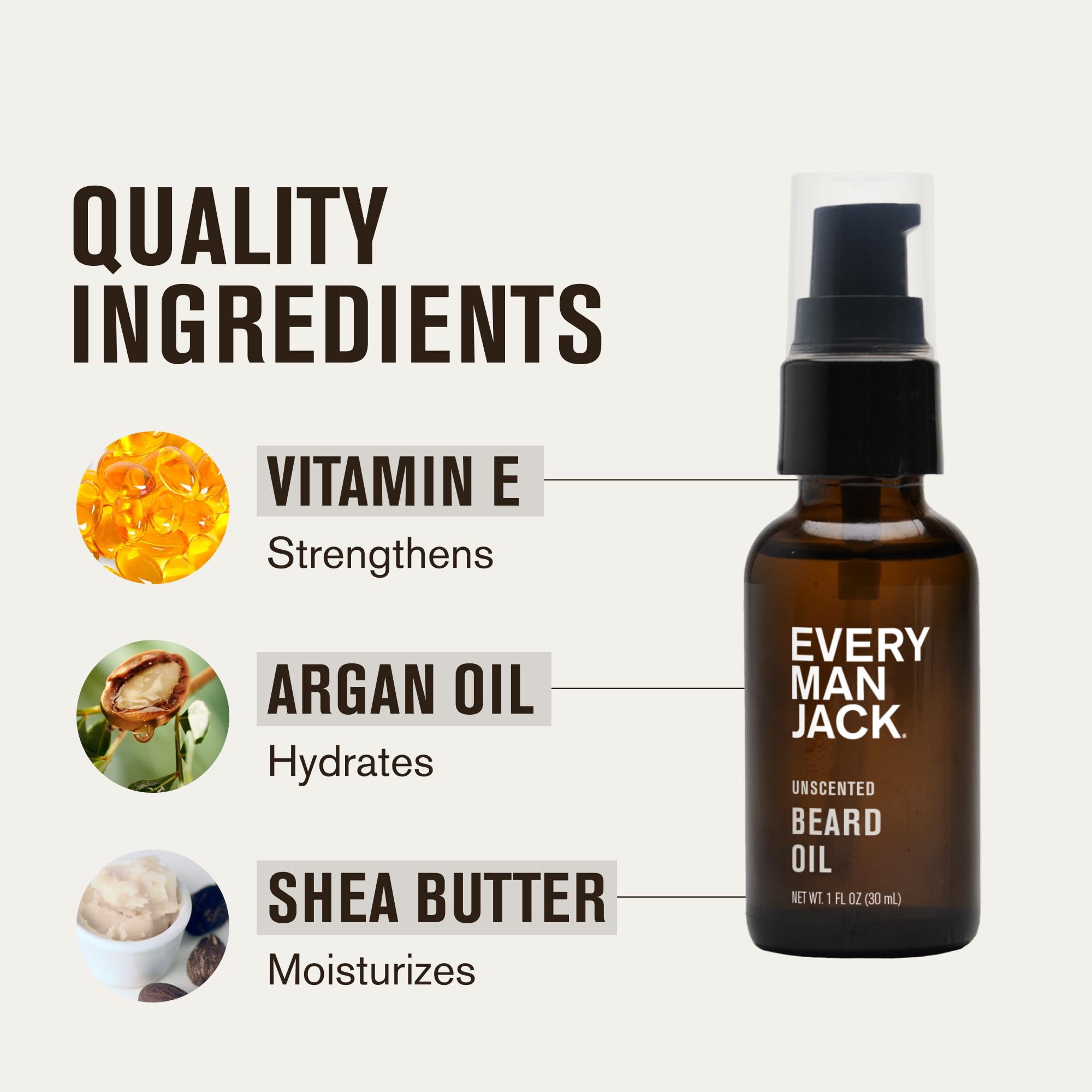 Ingredients argan oil, shea butter, and vitamin E in Every Man Jack beard oil.