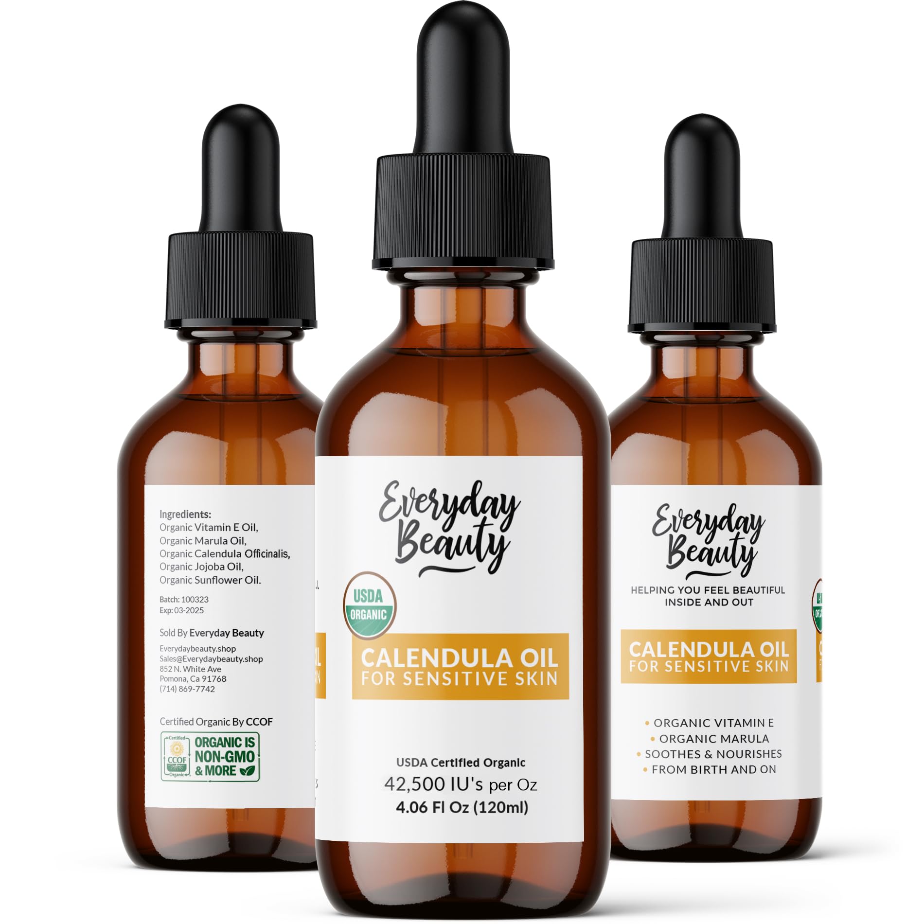 Everyday Beauty calendula oil amber glass bottle preserves freshness and purity.